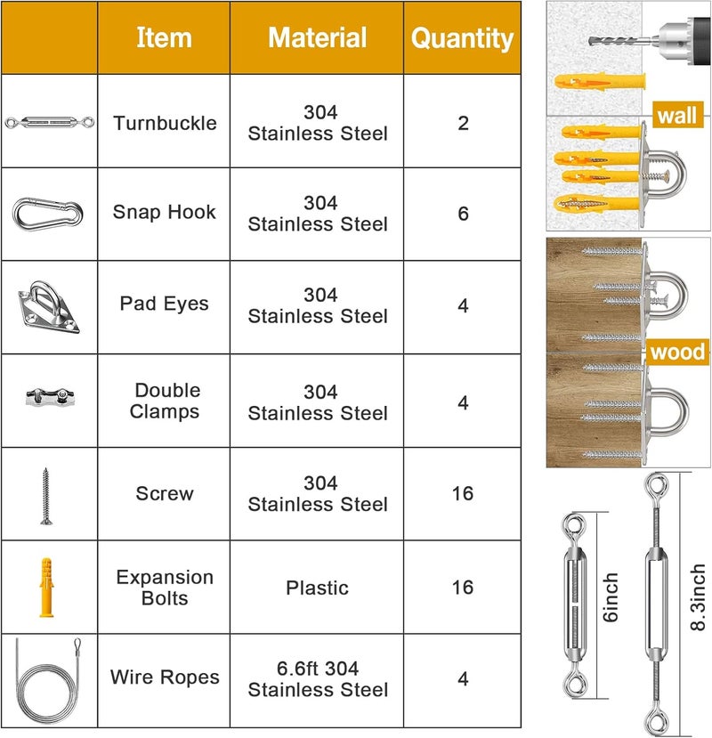 DUERER Sun Shade Sail Hardware Kit 52pcs for Rectangle Triangle Sun Shade Sails Canopy Installation 304 Stainless Steel Accessories Set for Outdoor Garden Patio(6" M6 Turnbuckles+ 4*6.6ft Cables Wire) - Image 3